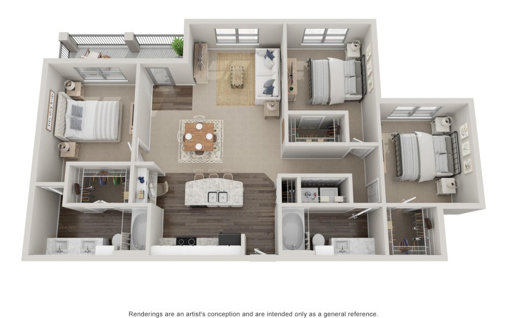 C1 - 3 bedroom floorplan layout with 2 bathrooms and 1420 square feet